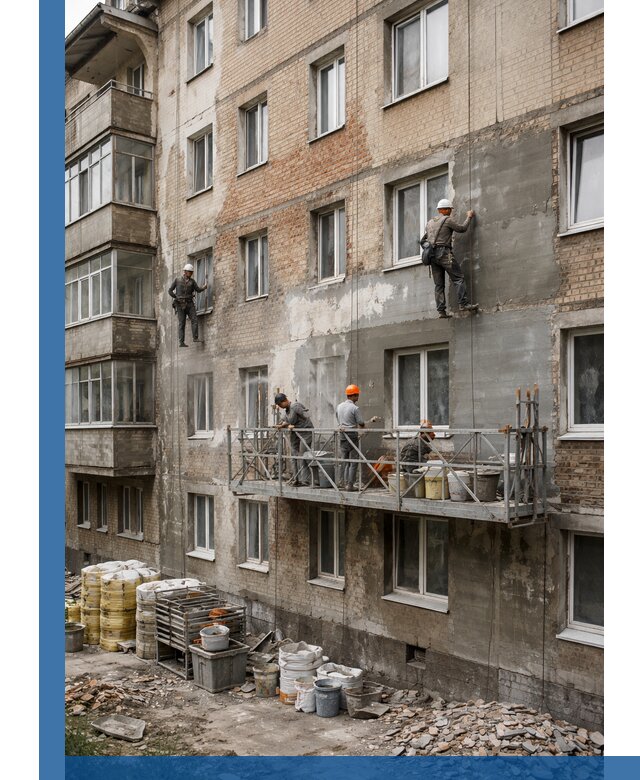 Капитальный ремонт фасада в Можге с восстановлением и гидроизоляцией