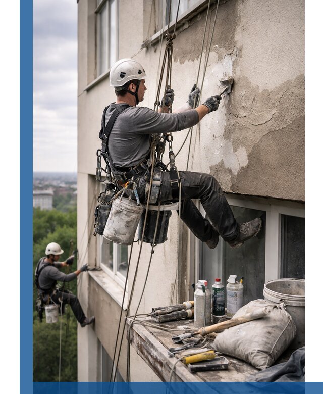 Косметический ремонт фасада зданий в Можге промышленными альпинистами