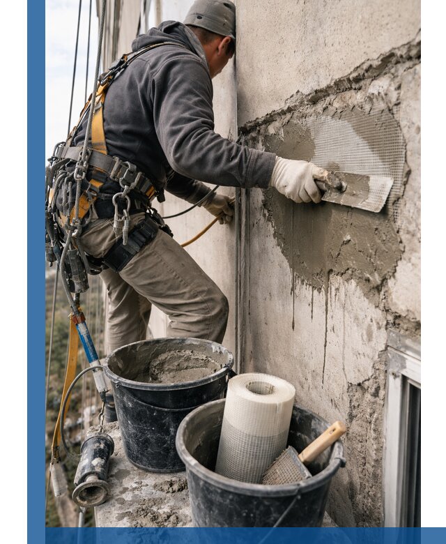 Ремонт бетонных элементов фасада промышленными альпинистами в Можге