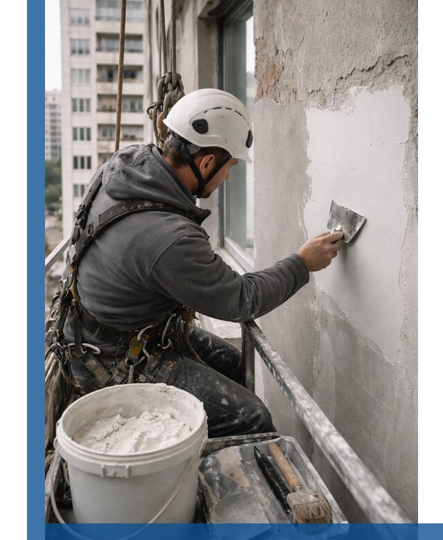 Шпаклевка фасадов на высоте с промальпинистами в Можге