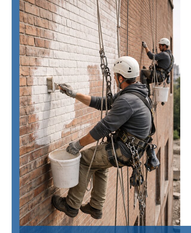 Покраска кирпичного фасада с доступным альпинистским сервисом в Можге