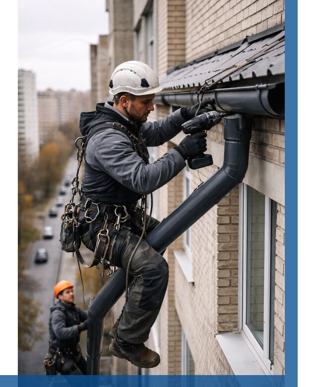 Монтаж водосточной системы на здании в Можге от 5064 р. | ВЫСОТНИК-Мжг