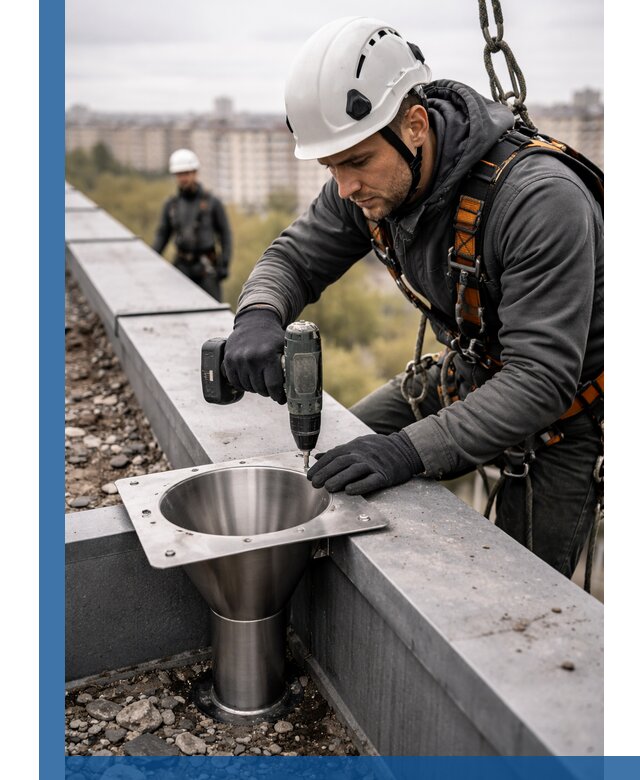 Монтаж водосточных воронок в Можге для промышленных зданий