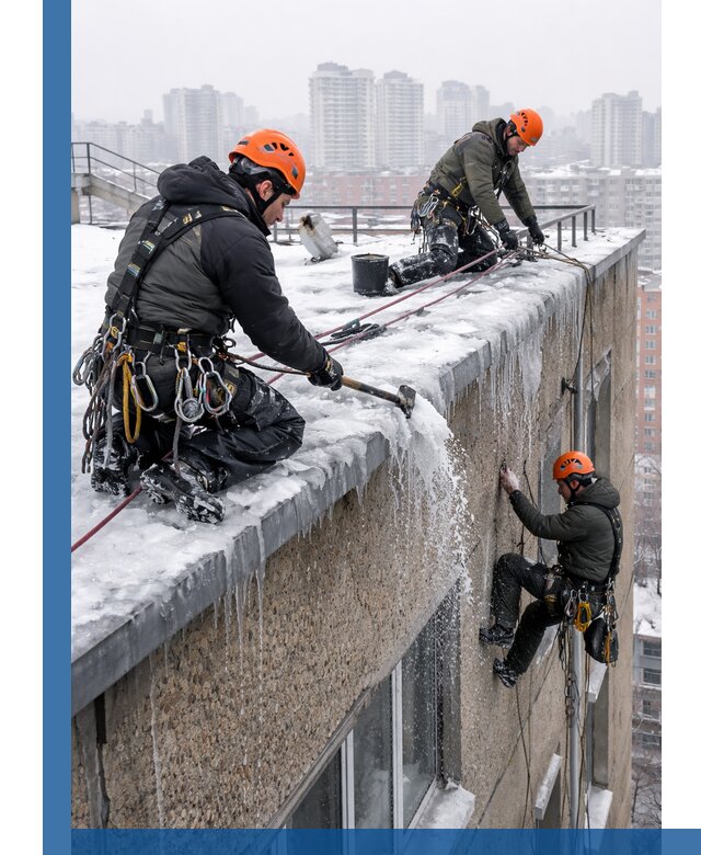 Удаление наледи с кровли в Можге промышленными альпинистами