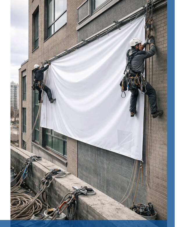 Монтаж баннеров на фасаде в Можге от 658 р. заказать ВЫСОТНИК-Мжг