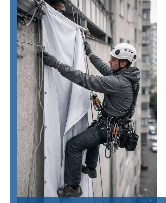 Замена баннерного полотна промышленными альпинистами в Можге