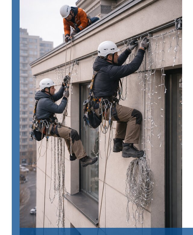 Монтаж праздничных гирлянд на фасаде в Можге для зданий