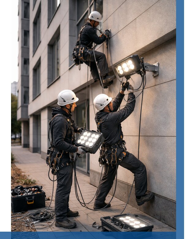 Монтаж прожекторов на фасаде в Можге от 7596 р. | ВЫСОТНИК-Мжг