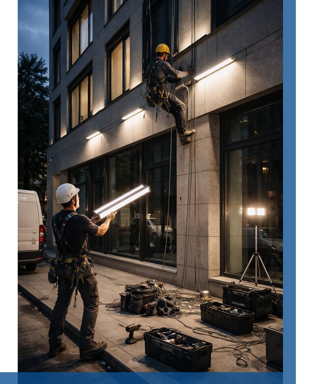 Монтаж архитектурной подсветки здания в Можге от 2532 р.|ВЫСОТНИК-Мжг