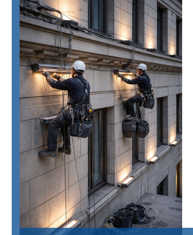 Монтаж архитектурной подсветки фасадов зданий в Можге