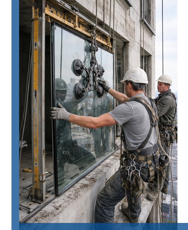Монтаж стеклопакетов на высоте в Можге с промышленным альпинизмом