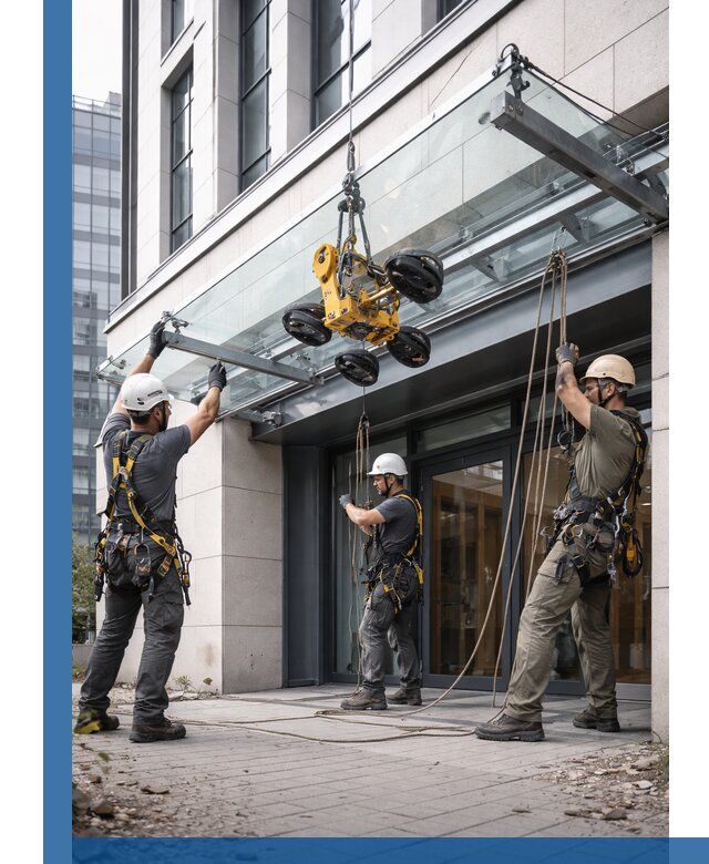 Монтаж стеклянных козырьков под ключ в Можге для зданий