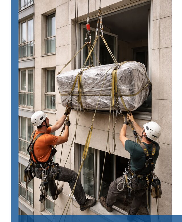 Подъем грузов через окно в Можге промышленными альпинистами