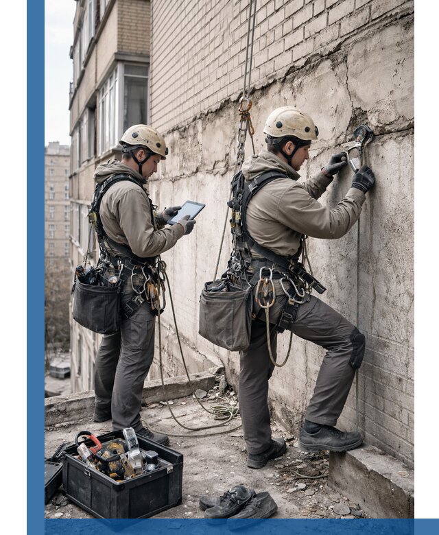 Обследование фасада промышленными альпинистами в Можге